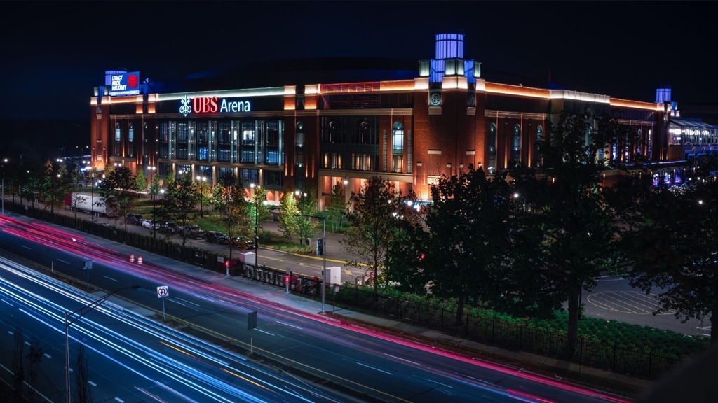 UBS Arena at night, home of the New York Islanders.
