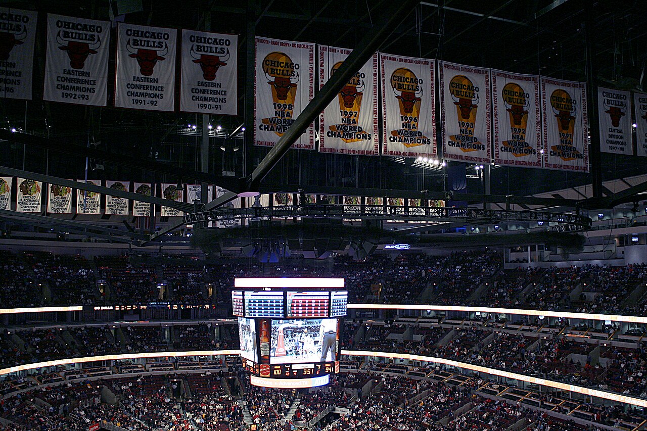 Championship banners hanging in the United Center rafters.