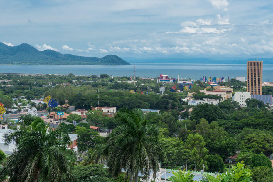 Panoramic view of Managua, Nicaragua, with Lake Xolotlan and volcanoes in the distance