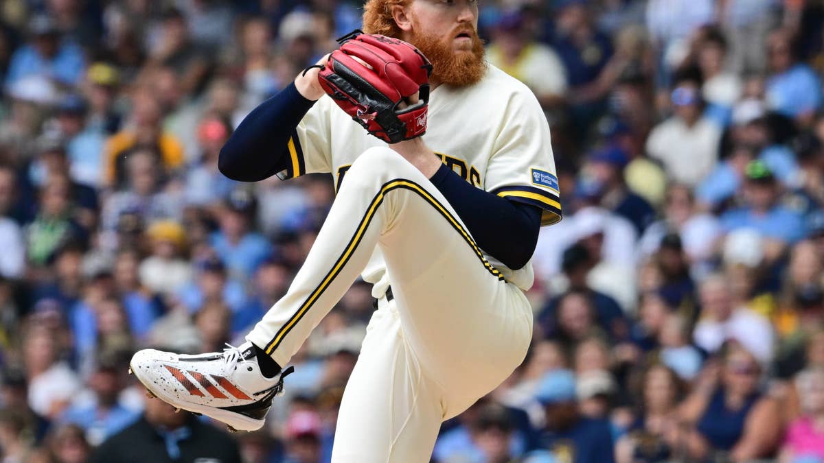 Brewers right-hander Dustin May throws a pitch during the 2026 season. May starts NLDS Game 3 for Milwaukee on Tuesday at Petco Park, owning a 1.23 ERA in three starts against San Diego this season.