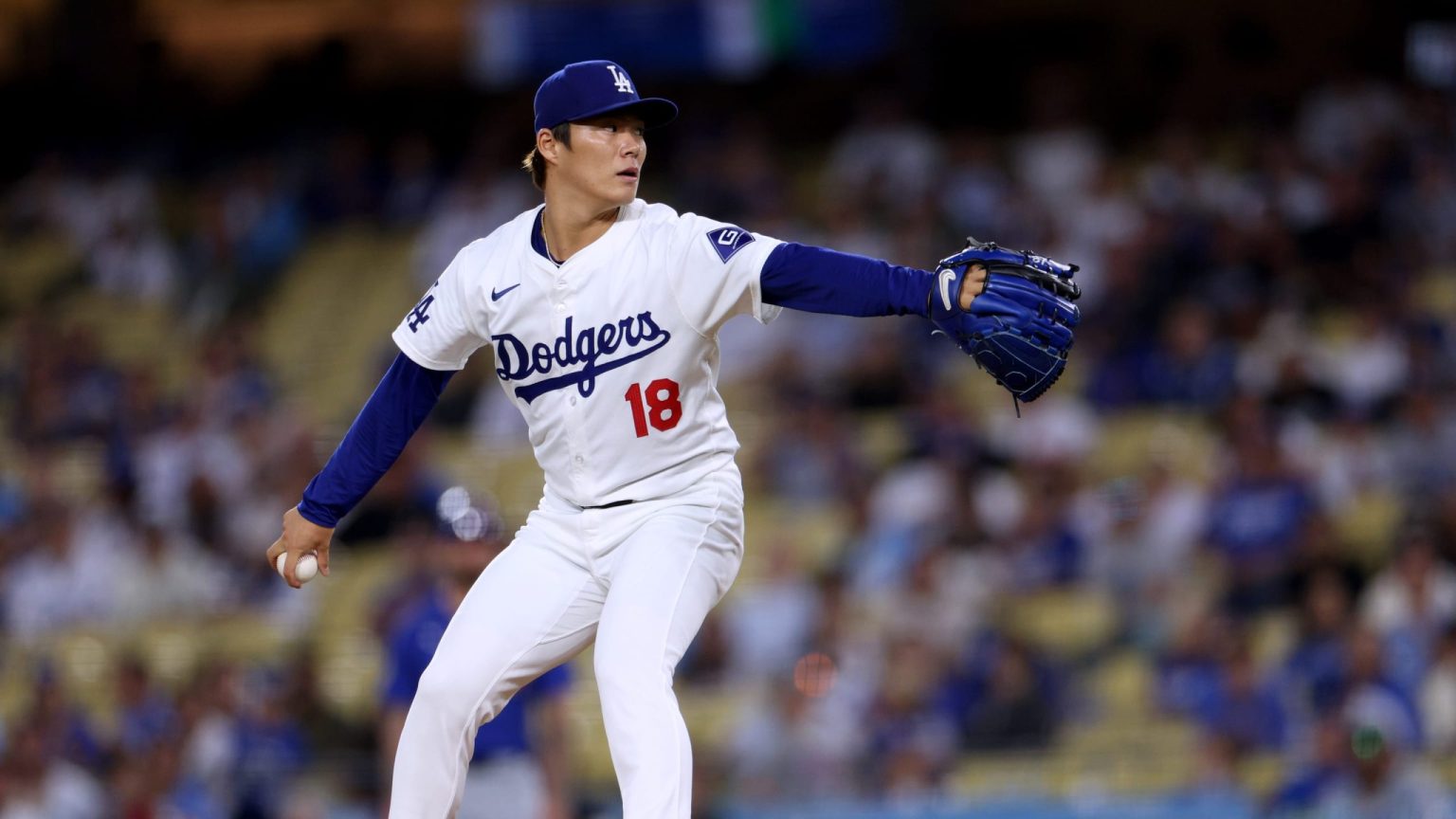 Dodgers right-hander Yoshinobu Yamamoto delivers a pitch during the 2026 season. The World Series MVP starts NLDS Game 3 for Los Angeles on Tuesday at Truist Park.