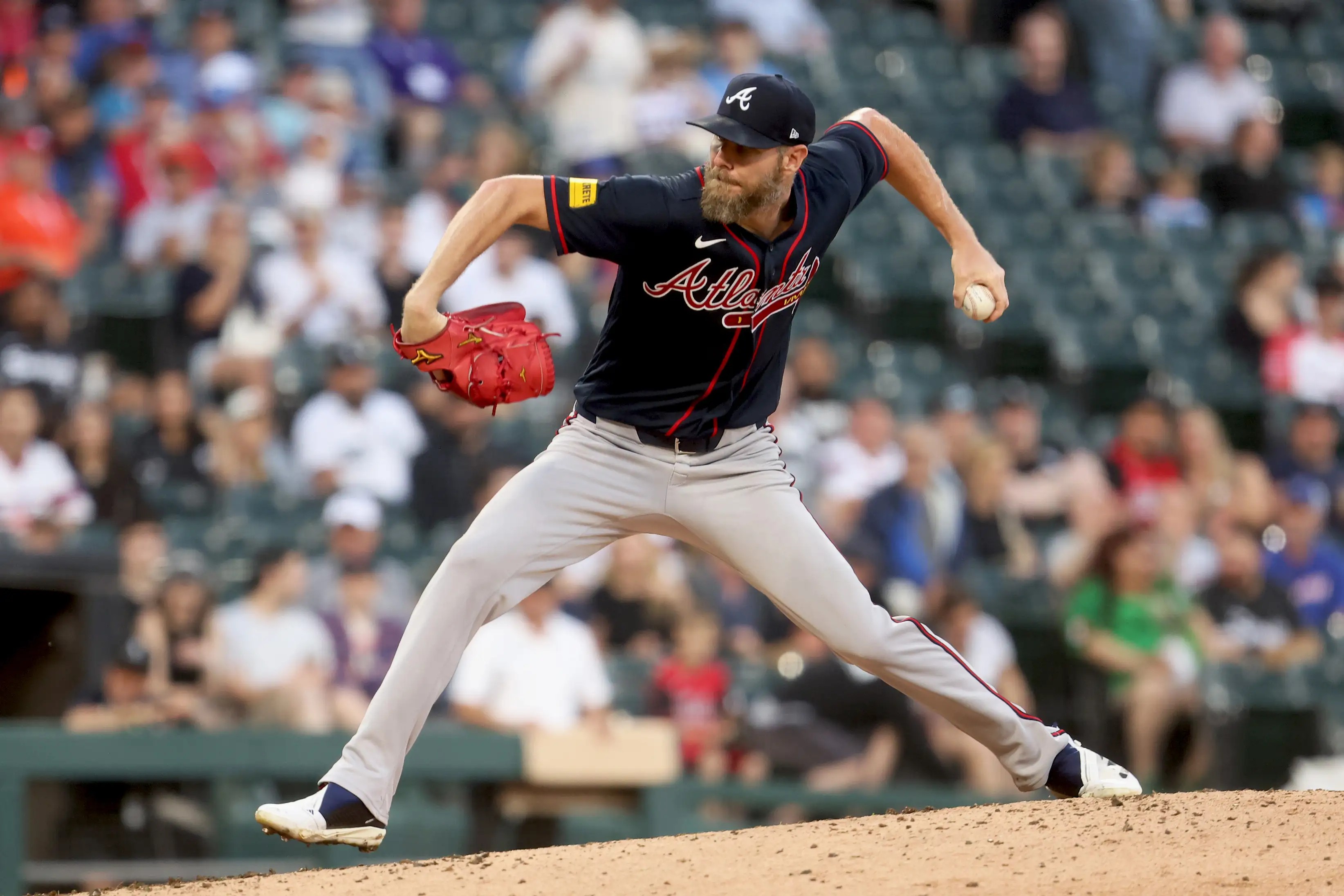 Chris Sale delivers a pitch for the Braves — he starts Game 3 of the NLDS against the Dodgers at Truist Park
