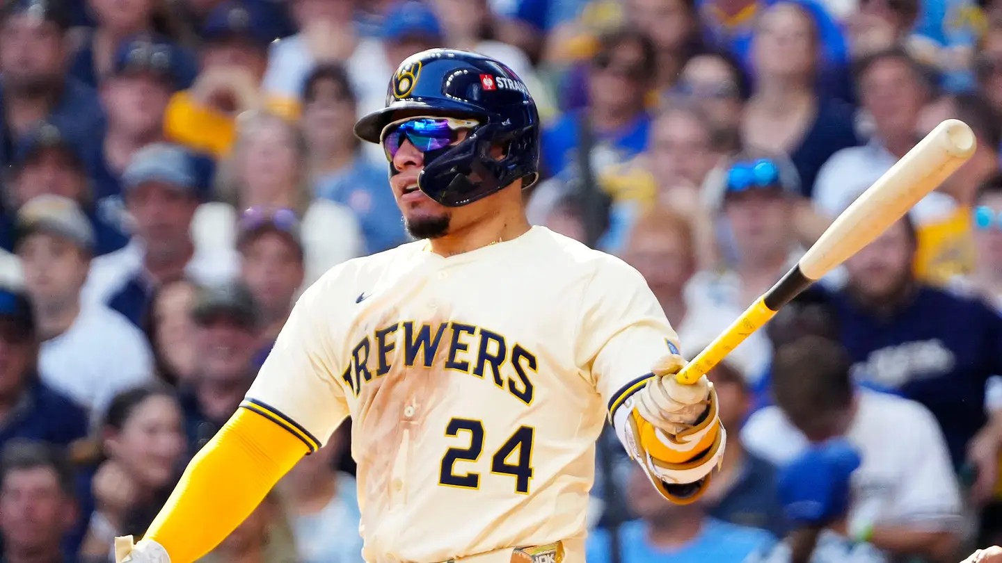 William Contreras at the plate for the Brewers — his go-ahead homer in the seventh won Game 1 of the NLDS against the Padres
