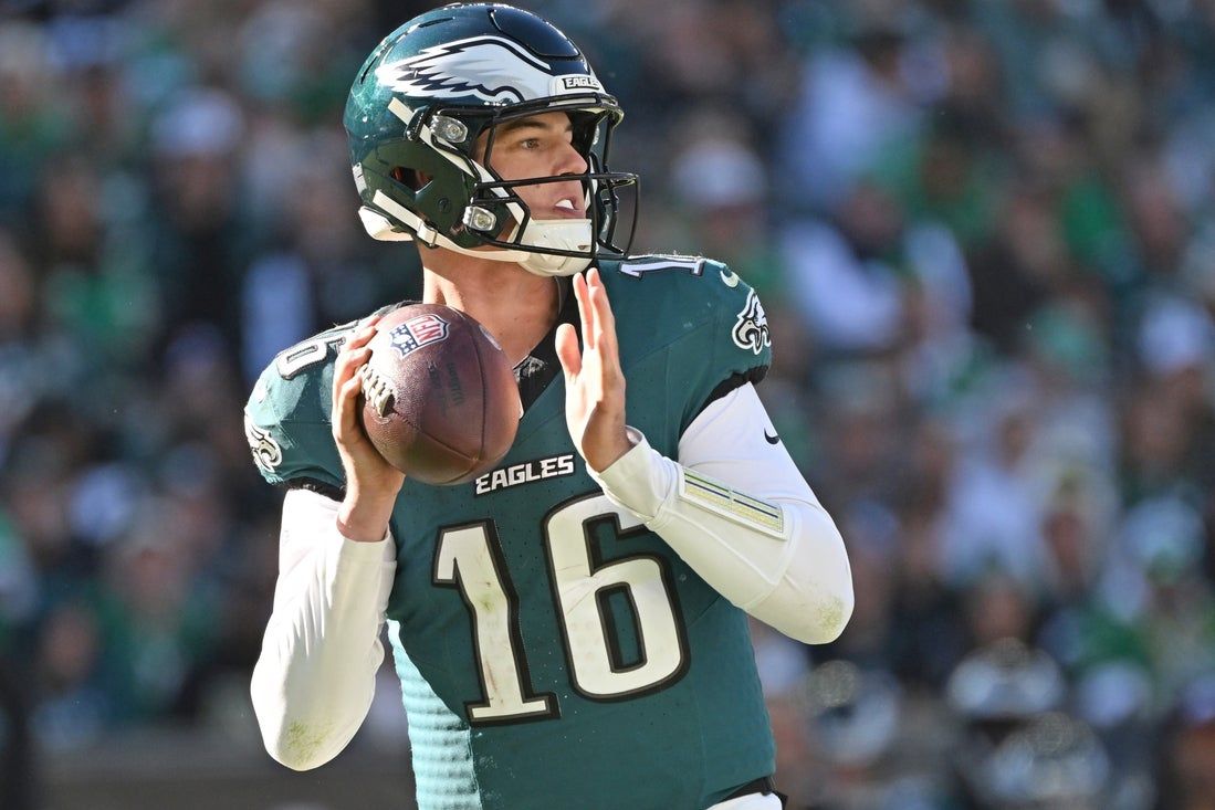 Philadelphia Eagles quarterback Tanner McKee (16) looks for a receiver against the Carolina Panthers at Lincoln Financial Field, October 18, 2026