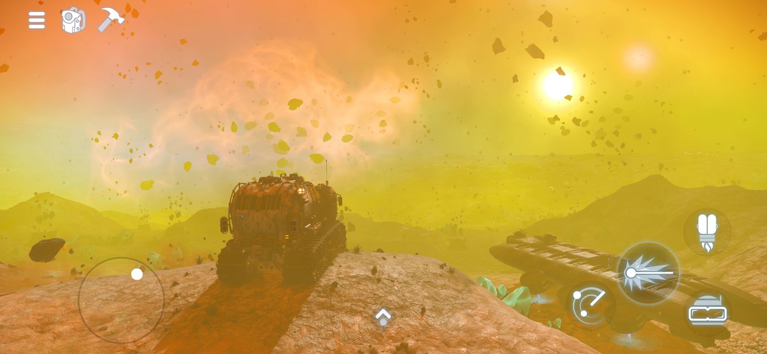 No Man's Sky running on iOS — a tracked corvette on a ridge under a huge sun on an alien world, with the mobile touch interface visible in frame: virtual stick bottom-left, touch buttons at right