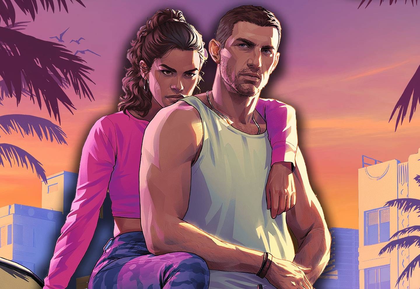 Official Grand Theft Auto VI key art — the GTA VI logo over the neon palm-tree VI backdrop