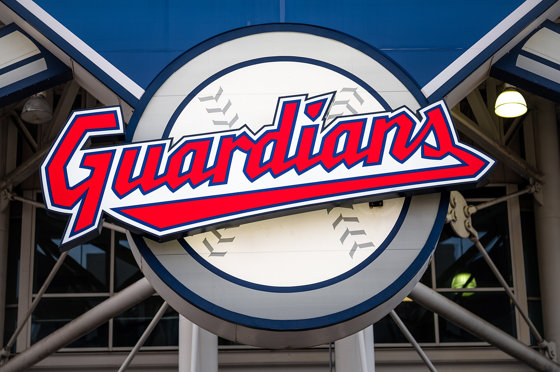 The Guardians logo sign at Progressive Field in Cleveland.