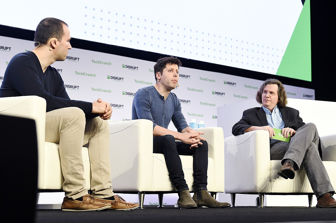 OpenAI president Greg Brockman speaking at TechCrunch Disrupt in San Francisco in 2019