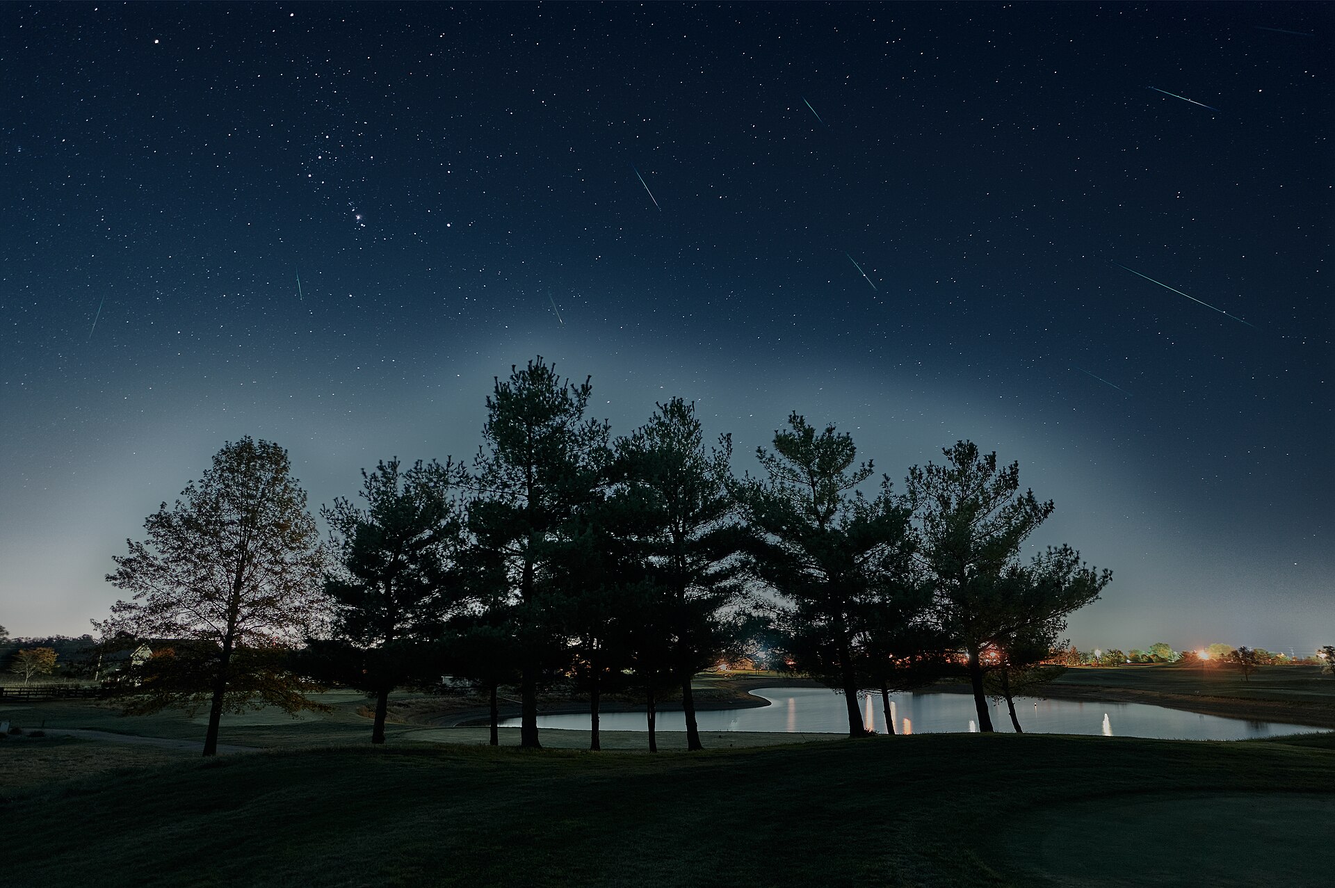 Orionid meteors streak over trees in a composite of an overnight time-lapse