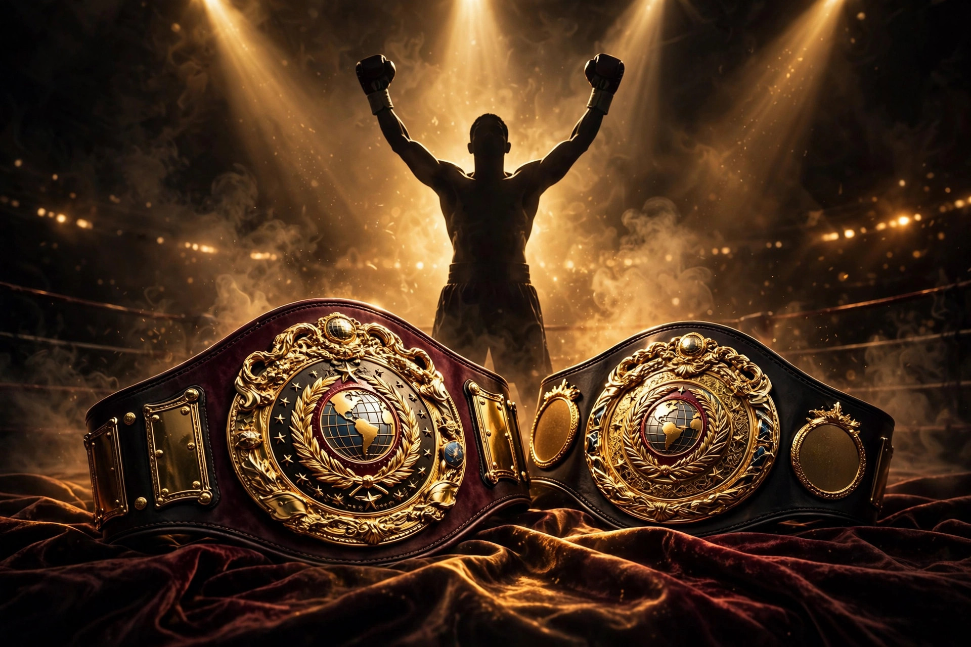 Osleys Iglesias and the road back to undisputed: championship belts under spotlights with a champion boxer behind them — Previously illustration