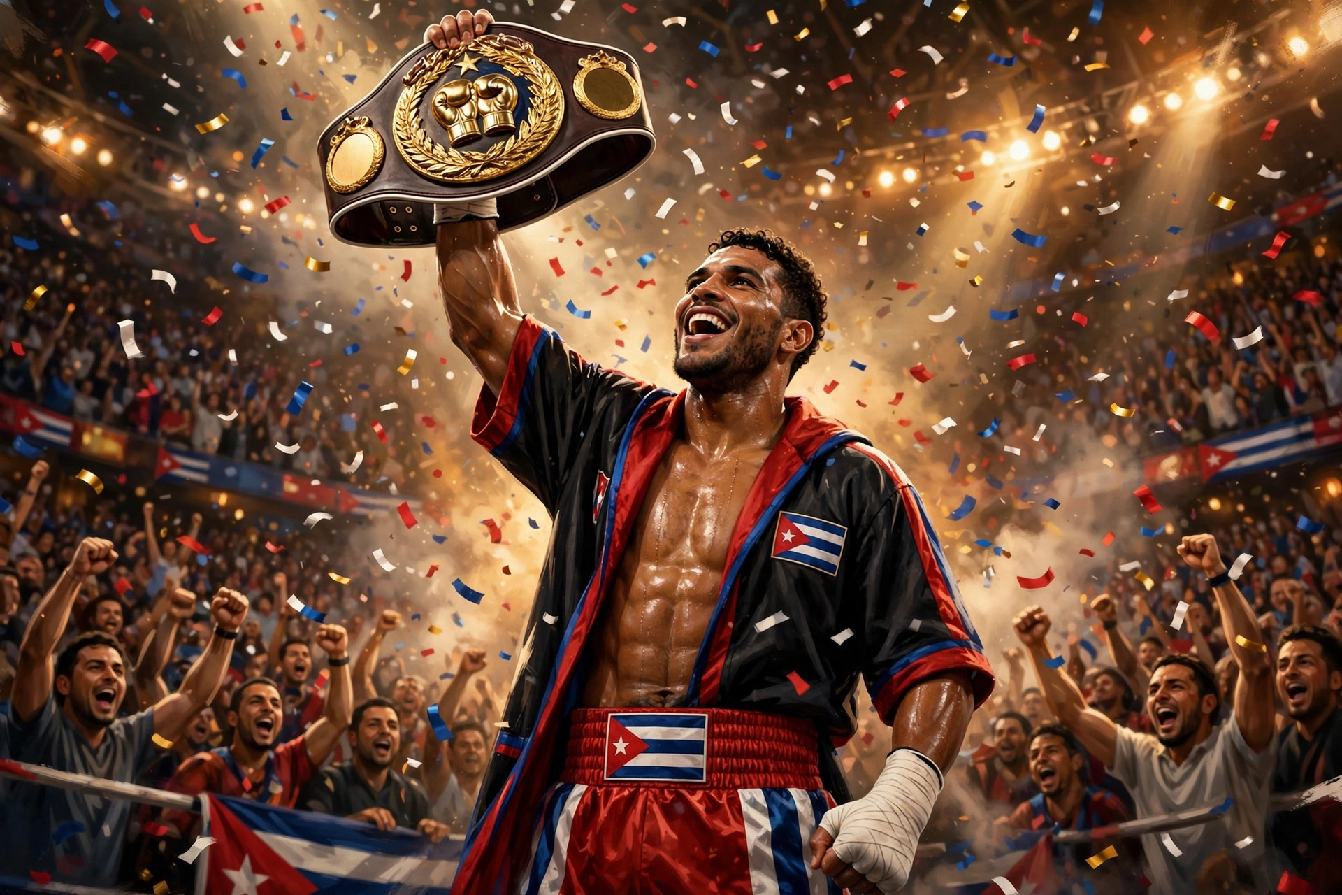 A champion boxer holding a title belt high in a packed arena — Previously illustration
