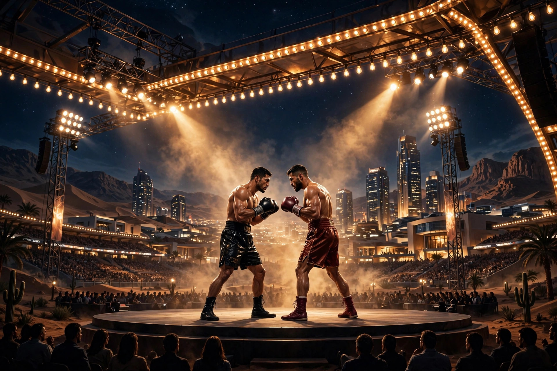 A grand boxing arena at night in a desert city — Previously illustration