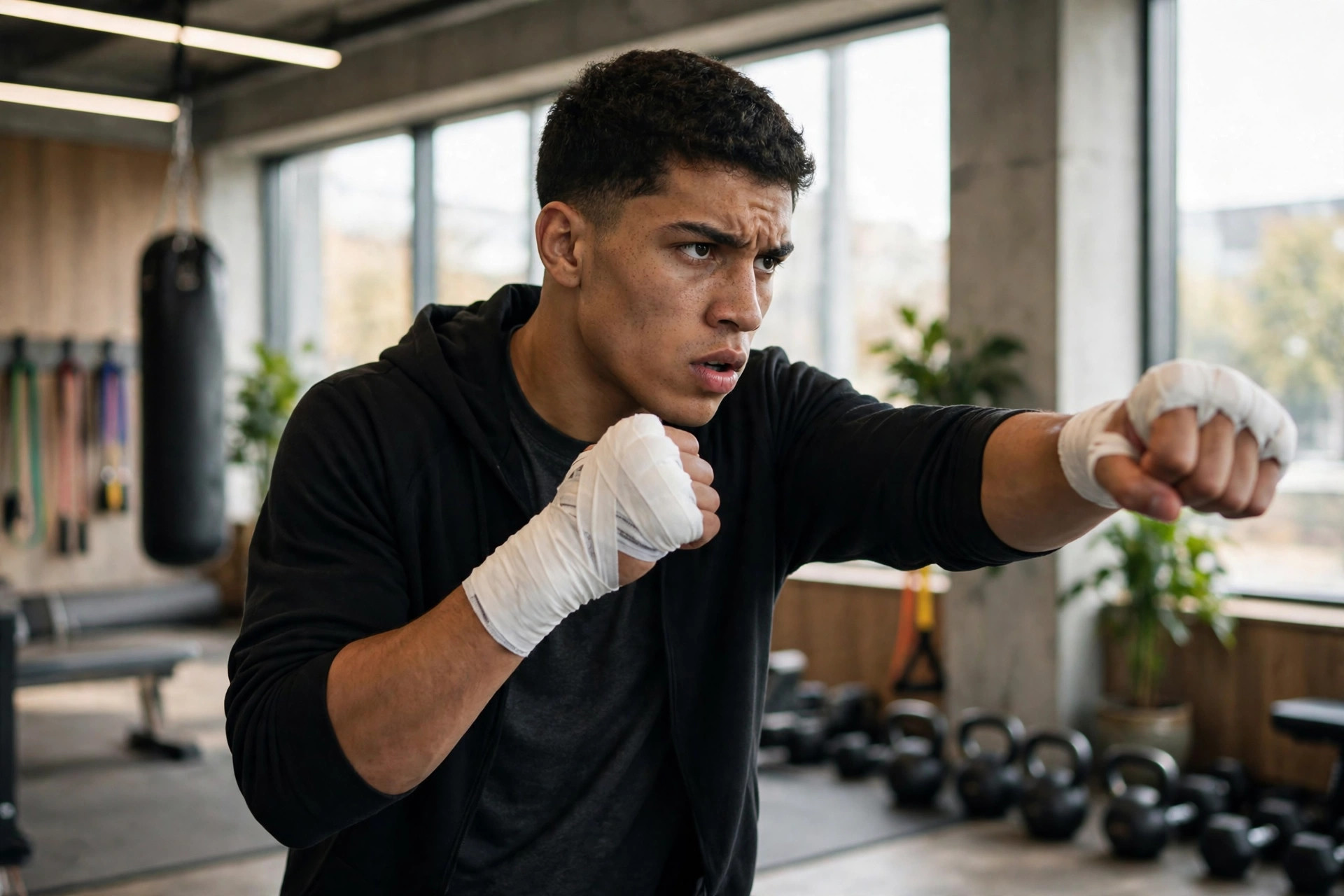 A young boxer shadowboxing in a bright gym — Previously illustration