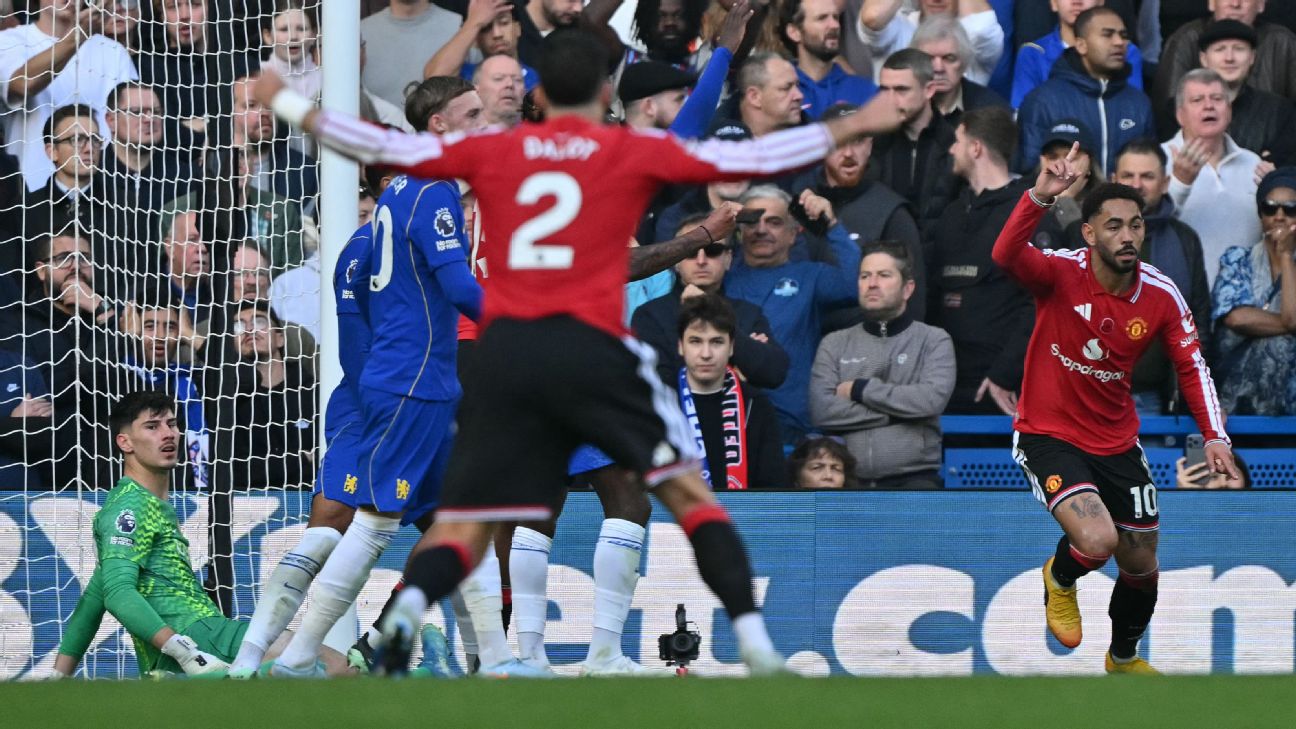 Manchester United's Matheus Cunha celebrates a goal against Chelsea at Stamford Bridge that was disallowed for offside after VAR review