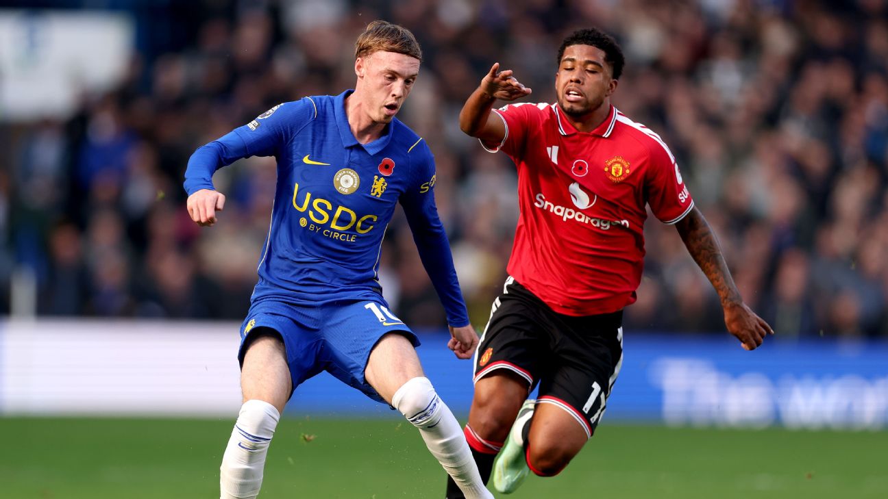 Cole Palmer of Chelsea in action against Manchester United at Stamford Bridge