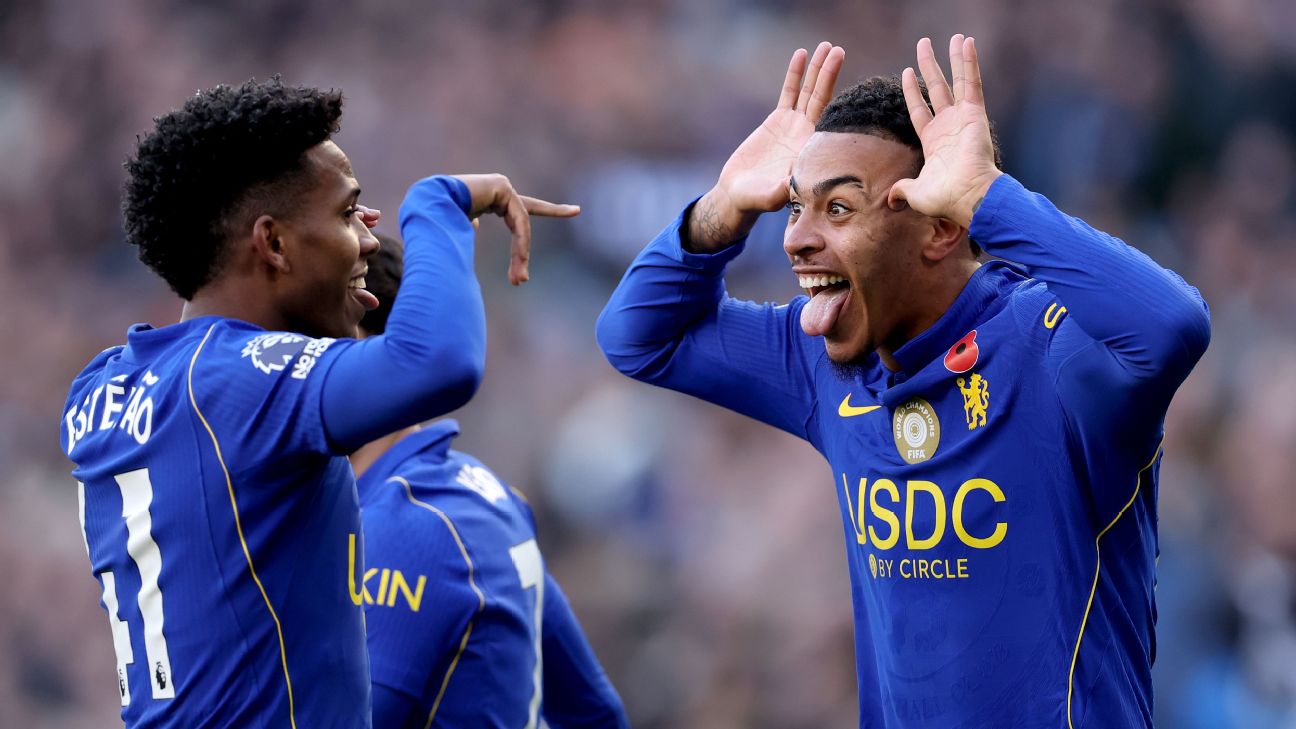Morgan Rogers of Chelsea celebrates scoring the opening goal with teammate Estêvão against Manchester United at Stamford Bridge, Oct 31, 2026