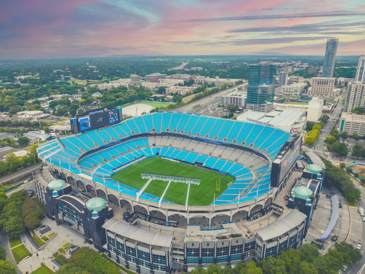 Bank of America Stadium in Charlotte, home of the Carolina Panthers, from above.