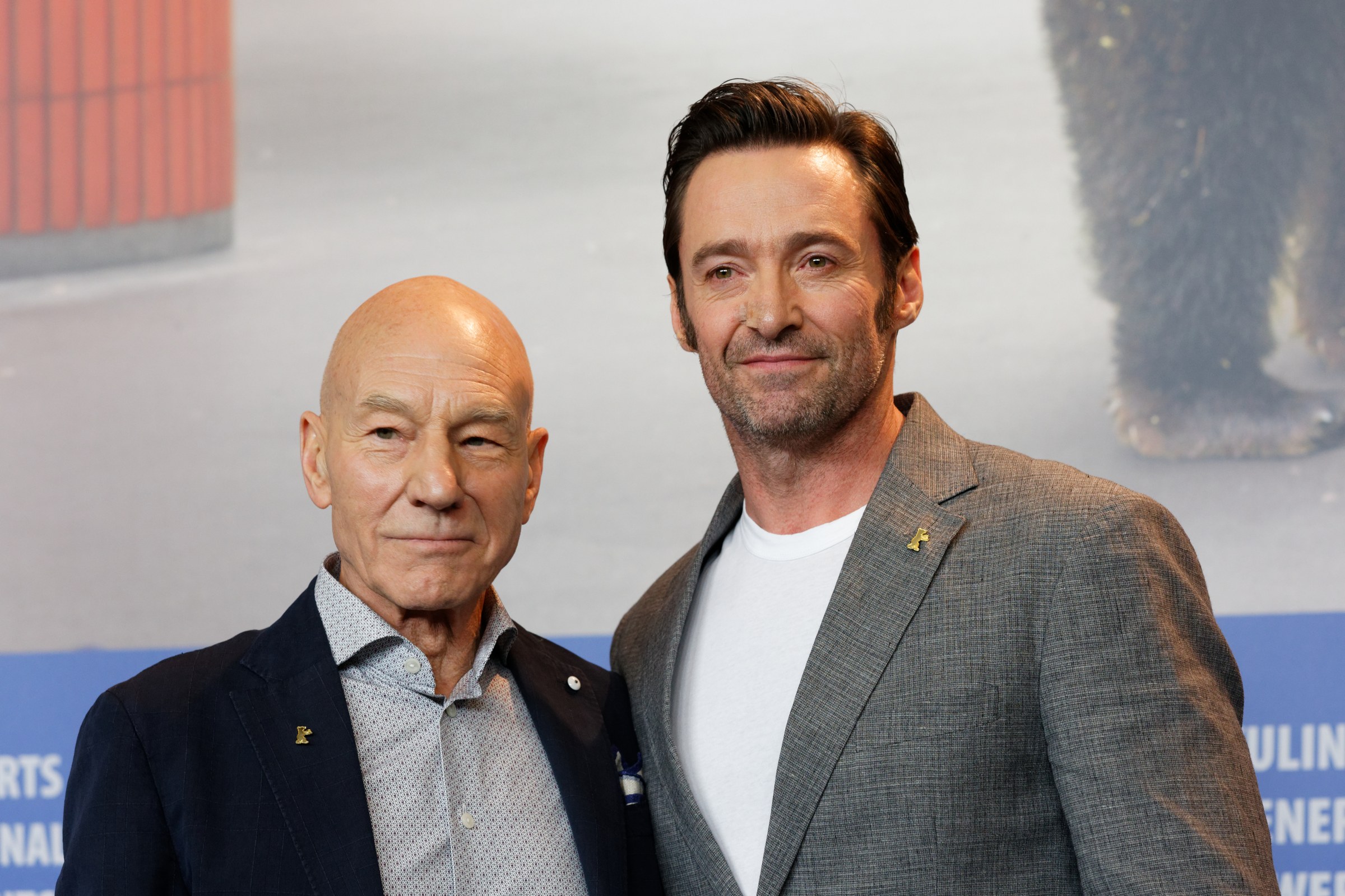 Patrick Stewart and Hugh Jackman together at the Logan press conference during the 2017 Berlin International Film Festival