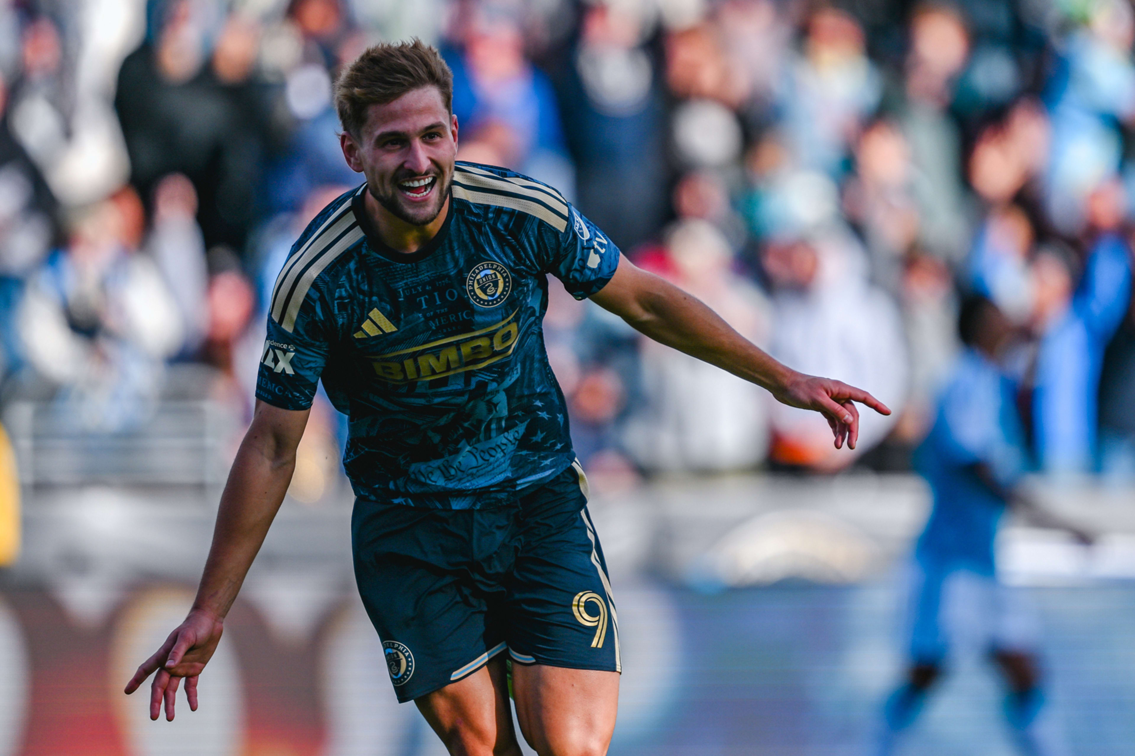 Bruno Damiani celebrates his 73rd-minute equalizer for Philadelphia Union against Charlotte FC at Subaru Park