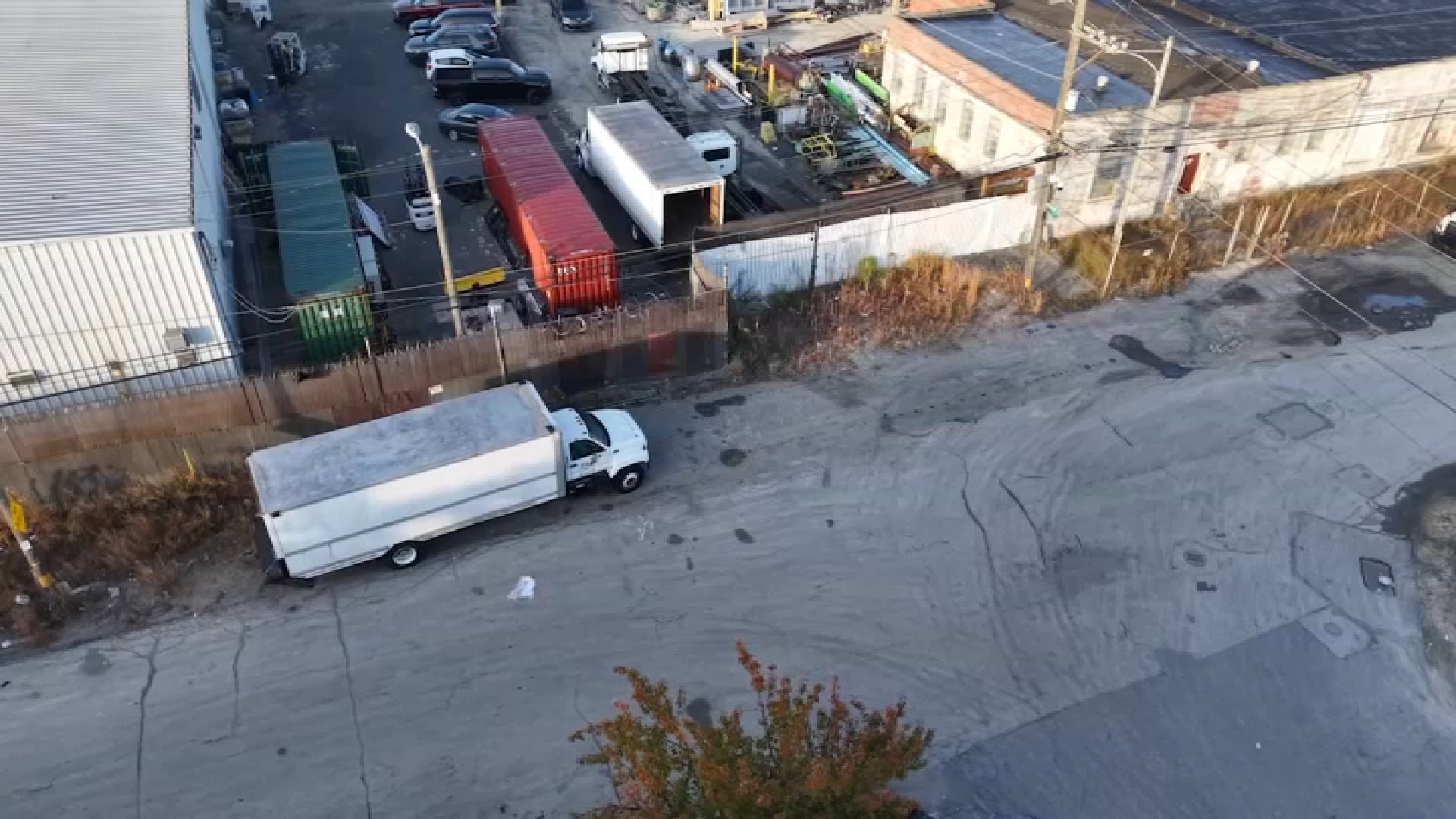 Aerial view of the Devereaux Street lot in Wissinoming where tractor-trailers park overnight, the scene of Thursday's beef heist.