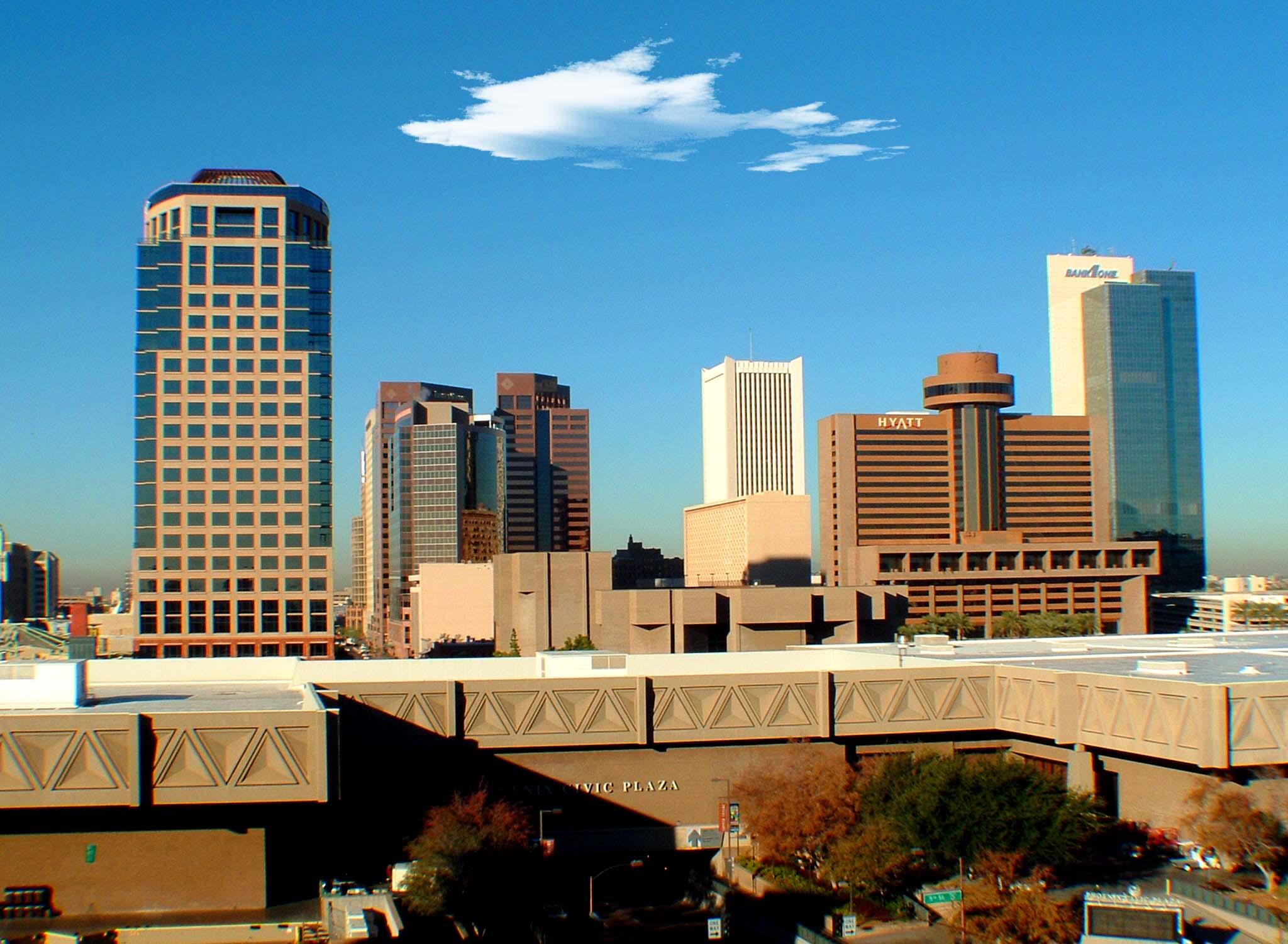 Downtown Phoenix skyline in bright daylight