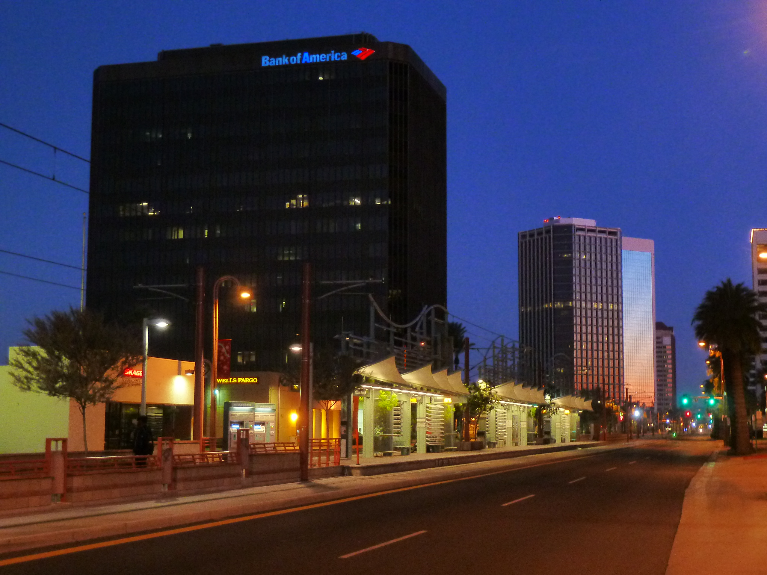Downtown Phoenix at night, street level.