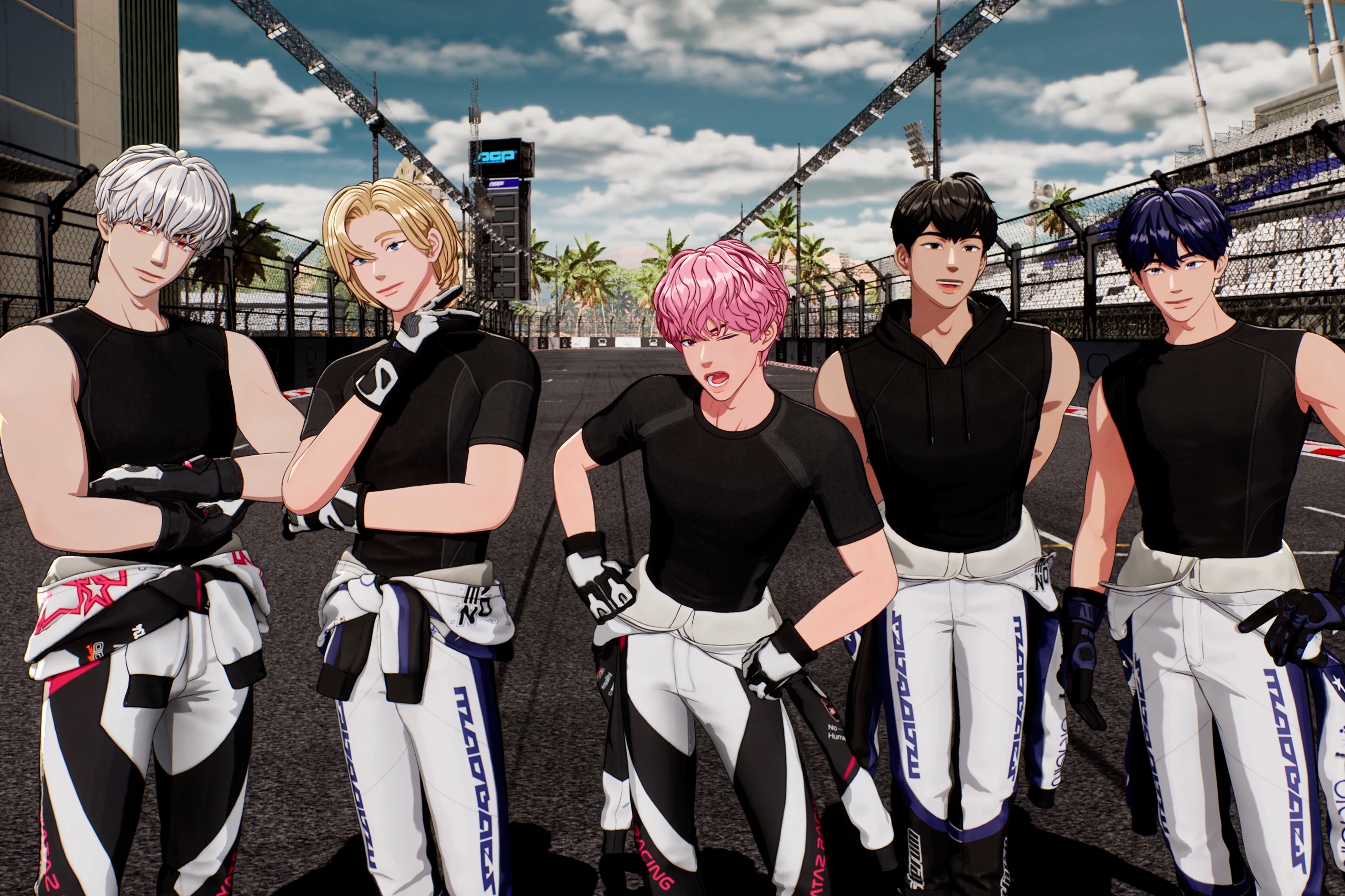 PLAVE — all five members as their animated avatars in HYPERDRIVE racing gear on a racetrack, VLAST official group visual
