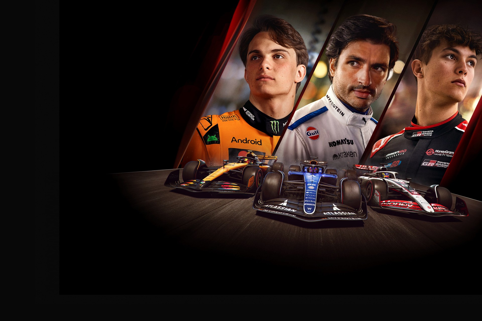Official F1 25 key art — McLaren, Williams and Haas Formula 1 cars with their drivers