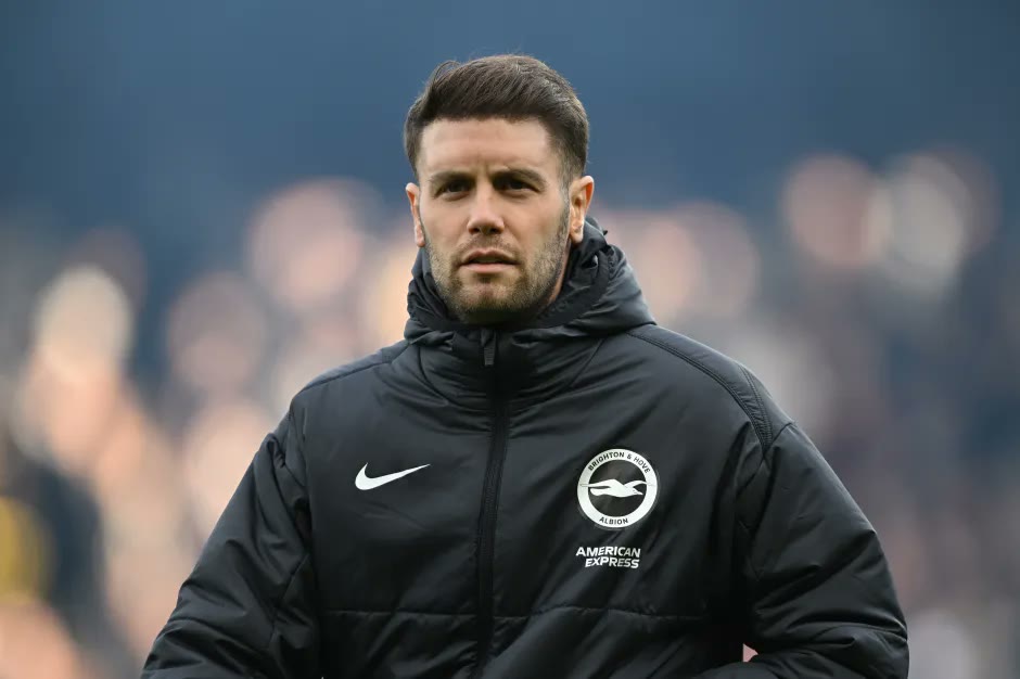 Brighton & Hove Albion manager Fabian Hürzeler on the touchline in a club jacket.