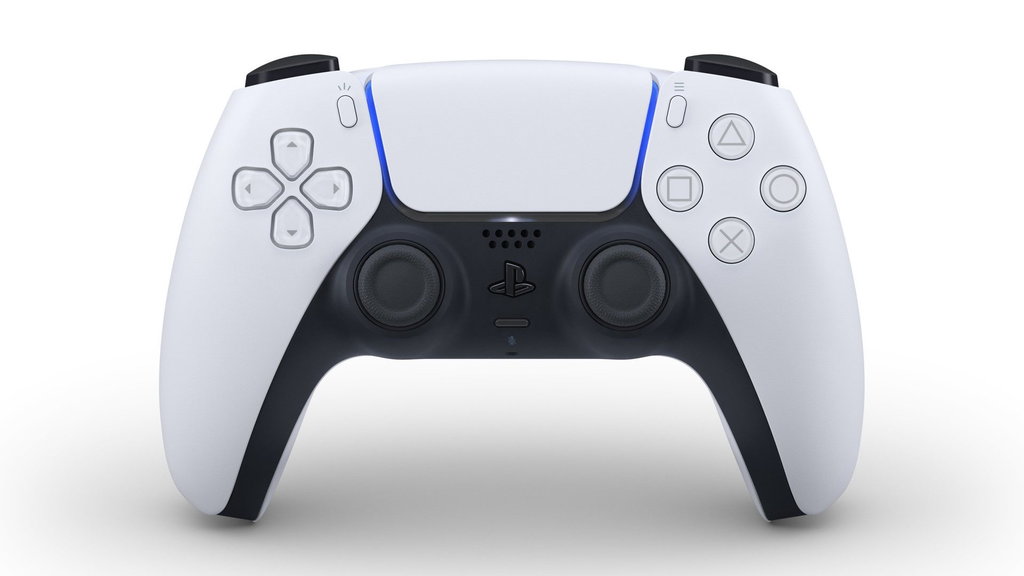 A PlayStation 5 console standing next to a DualSense controller