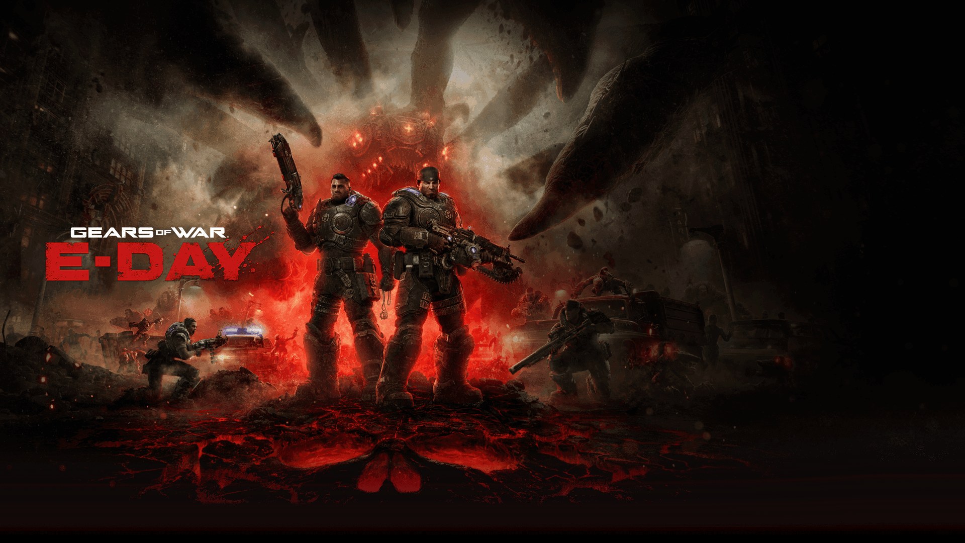 Gears of War: E-Day key art showing armored soldiers in a red battlefield.