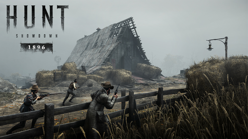 Hunt Showdown 1896 key art showing hunters with rifles approaching a farmhouse in fog