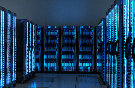 Rows of servers inside an AI data center