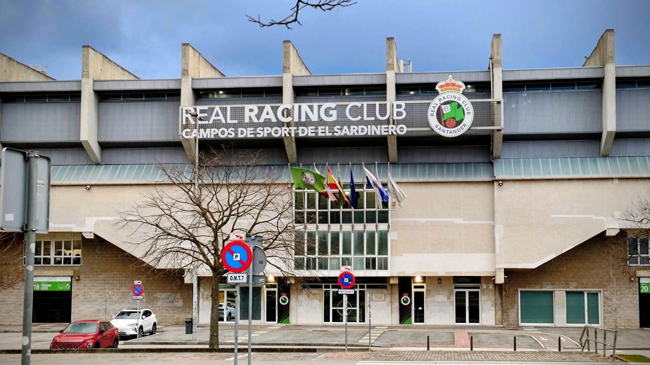 El Sardinero, home of Racing Santander — the west facade with the club signage and crest