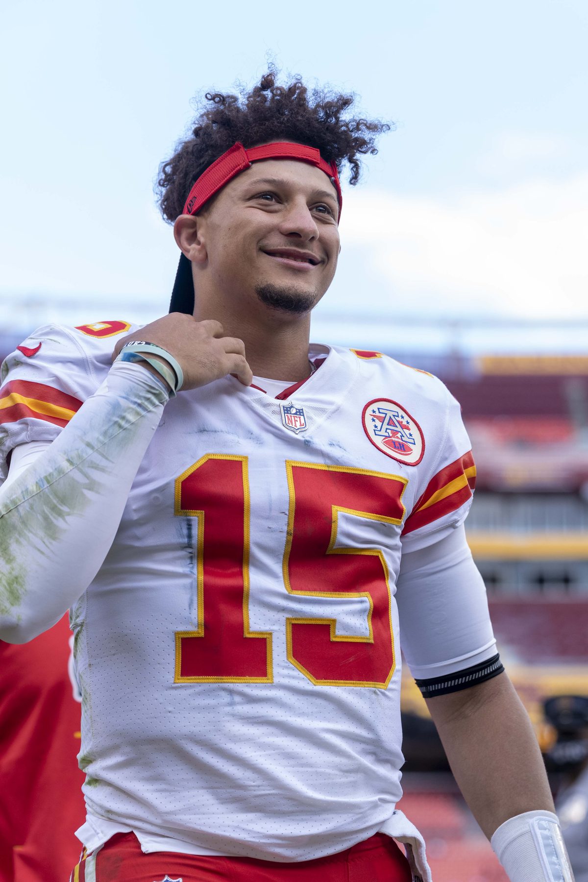 Kansas City Chiefs quarterback Patrick Mahomes (15) in the white away jersey.