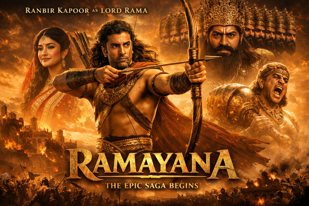 Official poster for Ramayana with Ranbir Kapoor as Lord Rama drawing his bow, Sai Pallavi as Sita, and Yash as Ravana