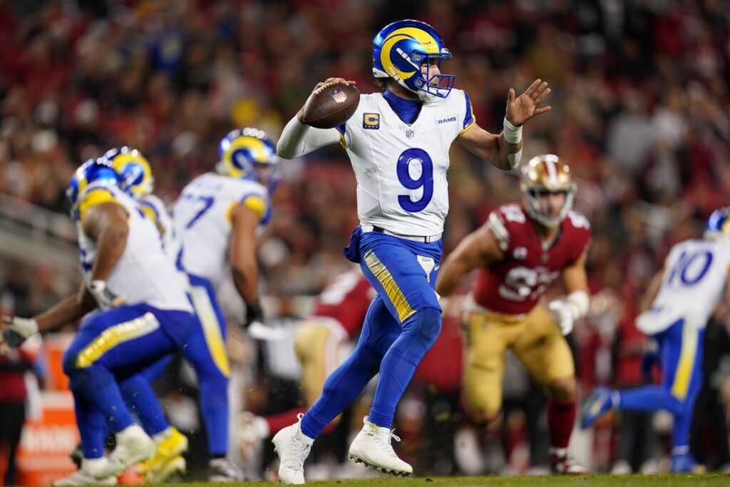 Rams quarterback Matthew Stafford (9) throws a pass.
