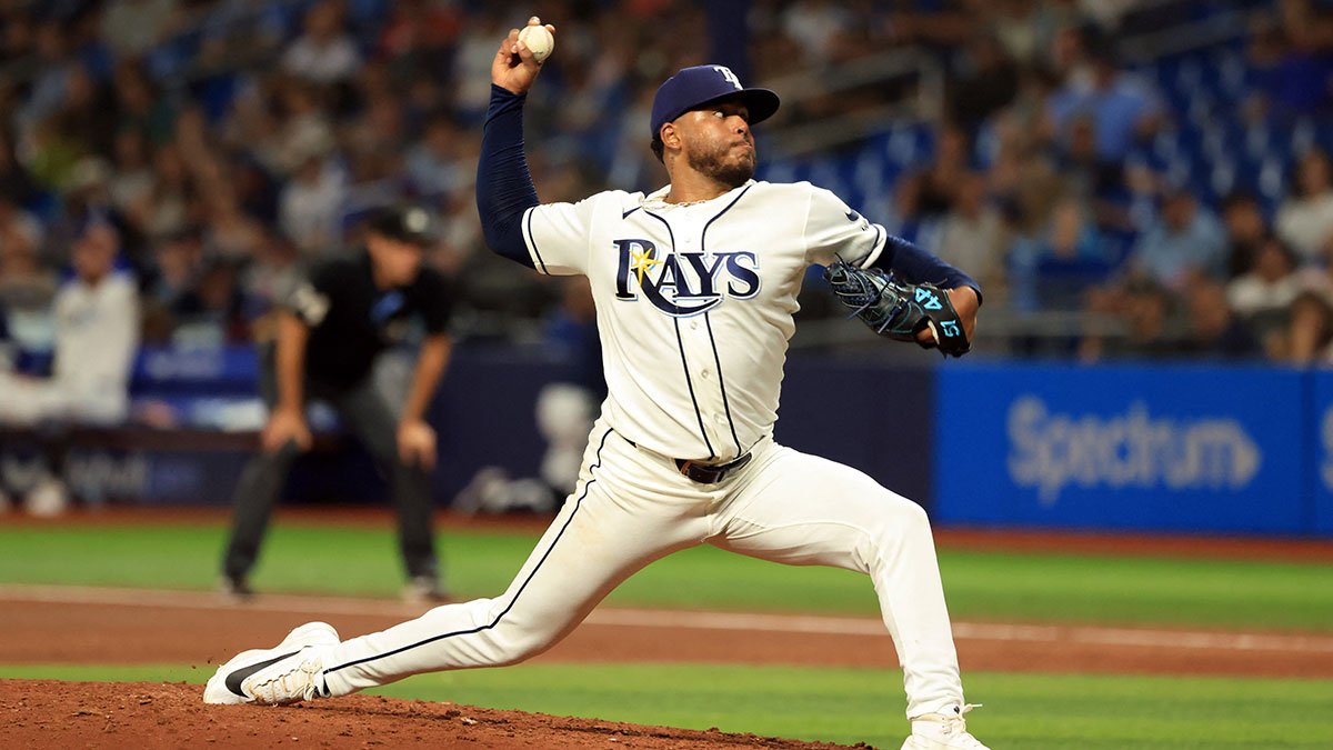 Freddy Peralta mid-delivery in a Tampa Bay Rays home uniform