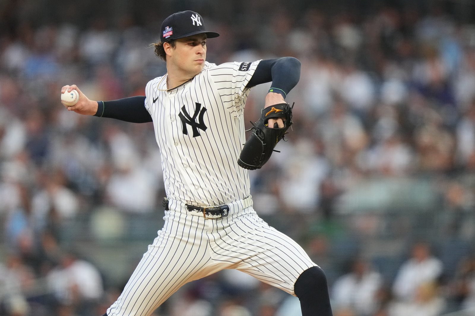Yankees ace Cam Schlittler pitching during the 2026 MLB postseason