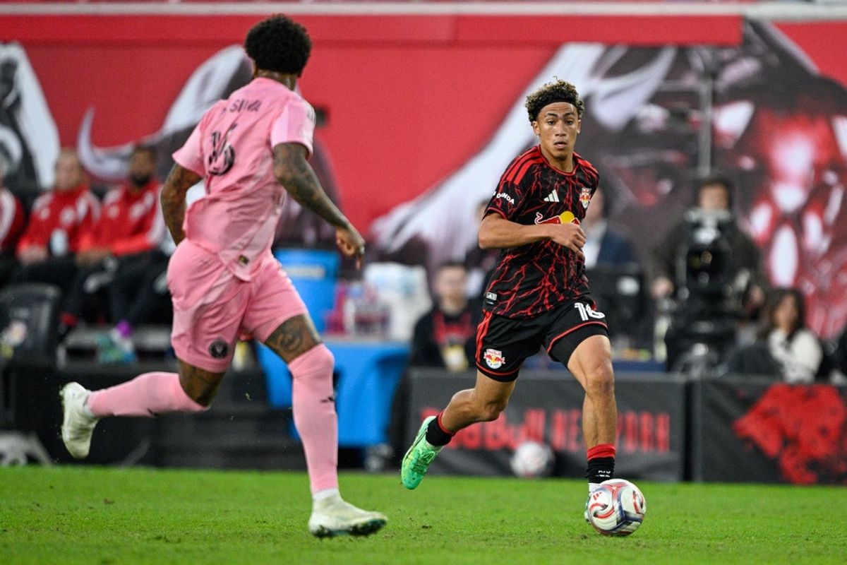 Red Bull New York’s Julian Hall runs with the ball against Inter Miami at Sports Illustrated Stadium