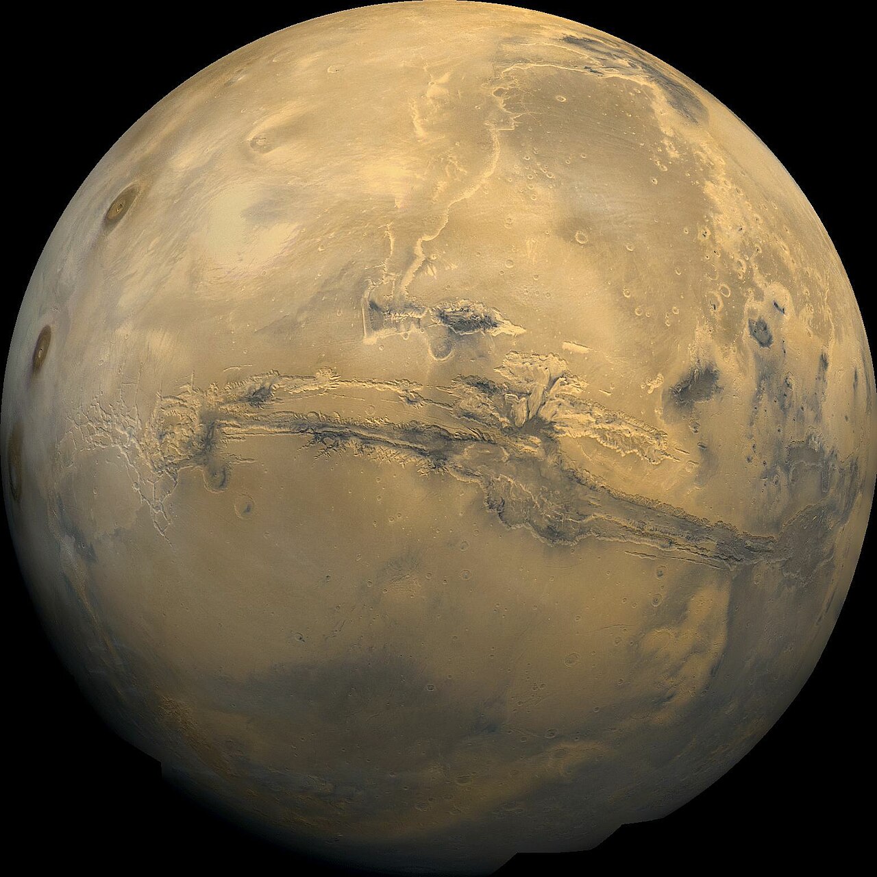 Mars, showing the vast Valles Marineris canyon system