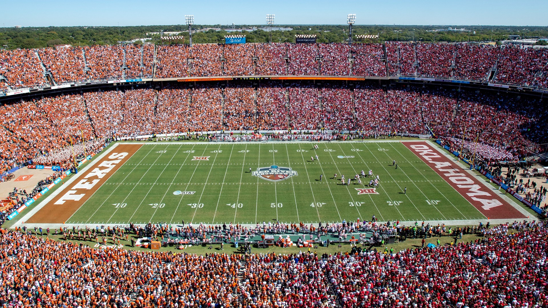 The Cotton Bowl split down the 50-yard line — burnt orange on one side, crimson on the other — ahead of the 122nd Texas-Oklahoma meeting (file photo)