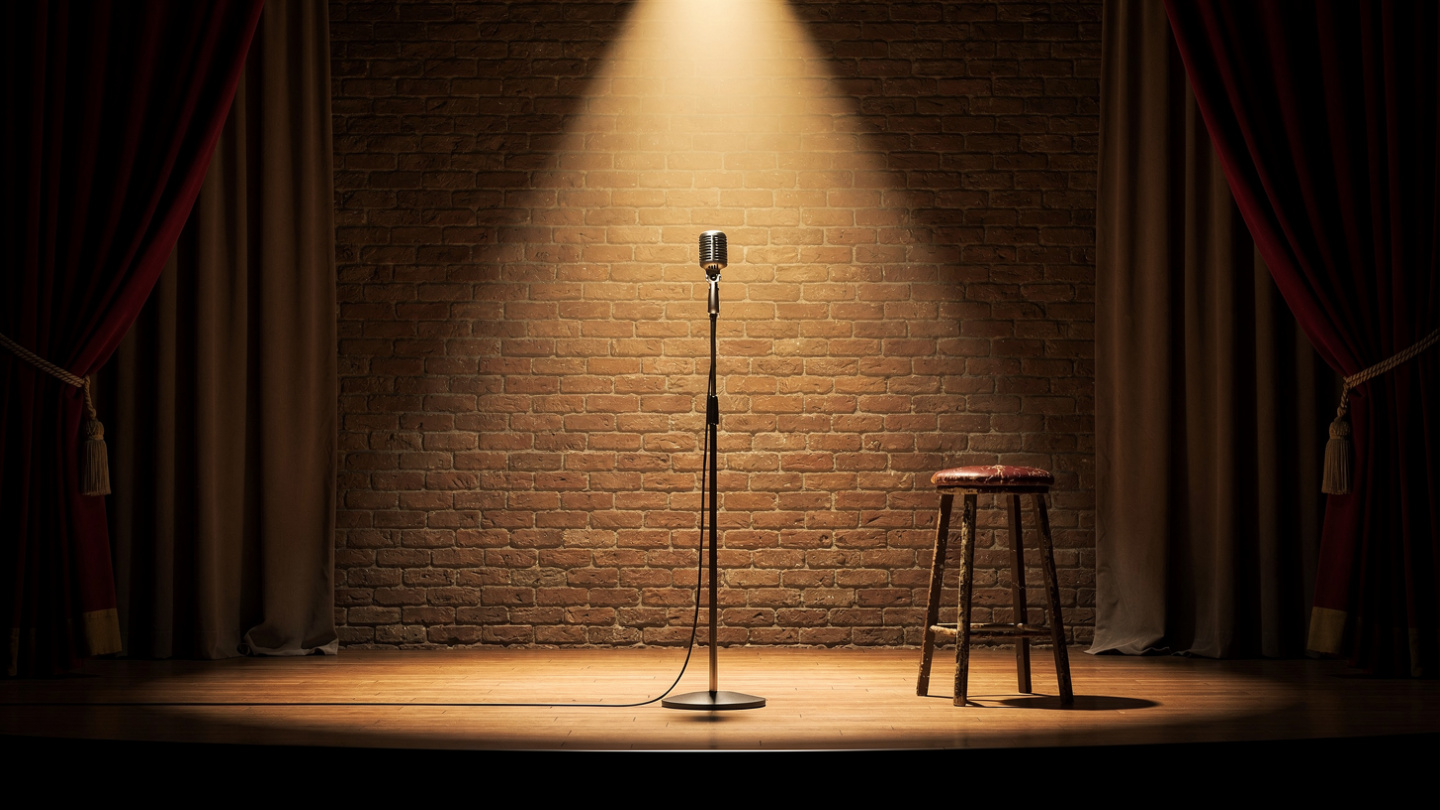 Microphone on a stand under a spotlight on an empty comedy club stage
