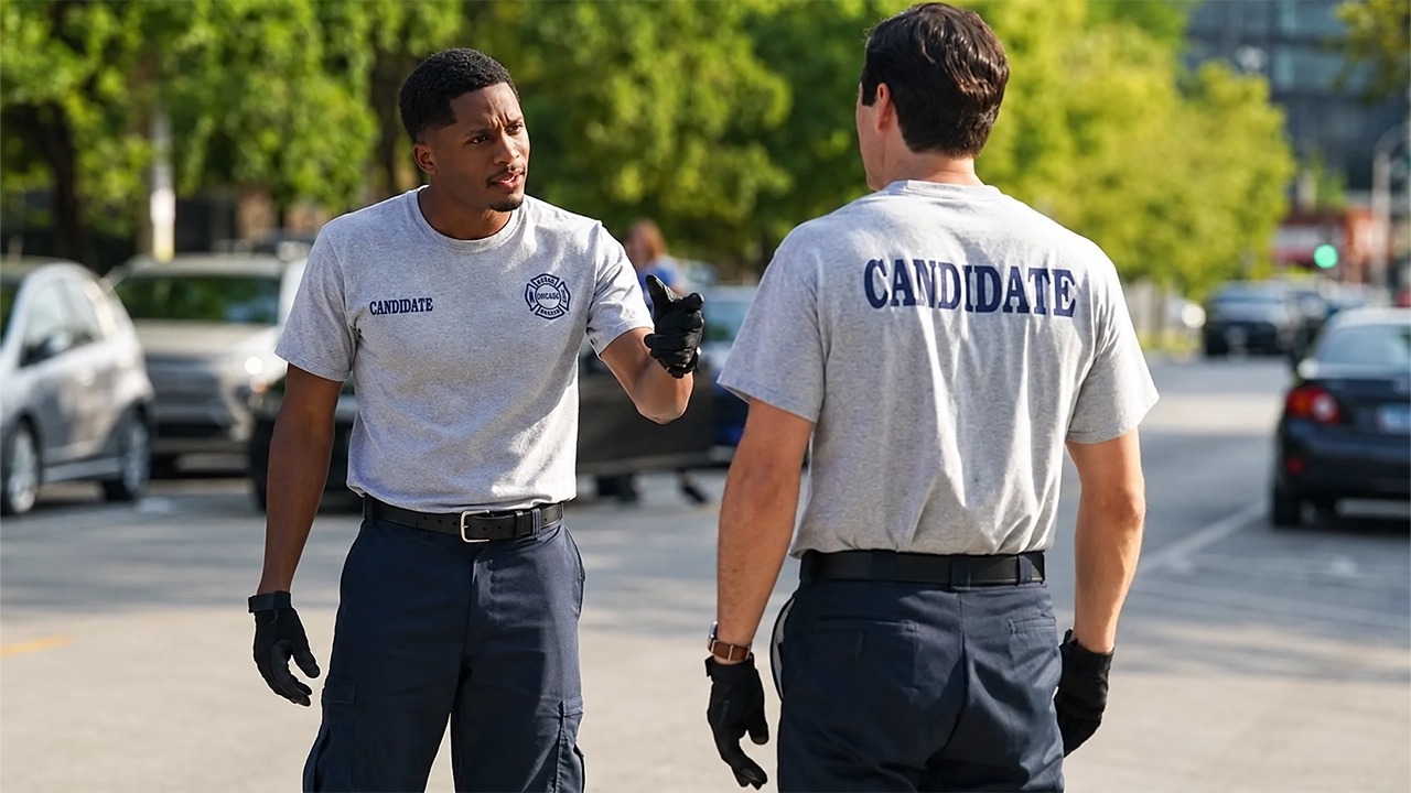 Da'Vinchi as Chicago Fire candidate Marcus Burke, in a grey CANDIDATE t-shirt and navy trousers, mid-argument with a fellow candidate on a Chicago street