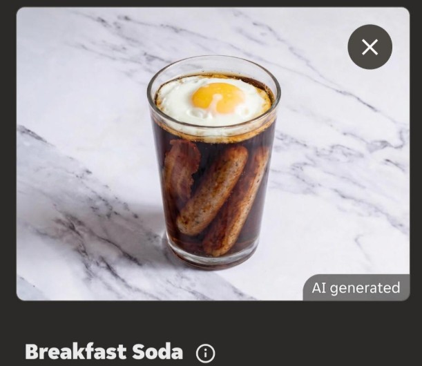 Just Eat’s AI-generated menu image for ‘Breakfast Soda’ — sausages, bacon and a fried egg floating in a pint of cola, labelled ‘AI generated’
