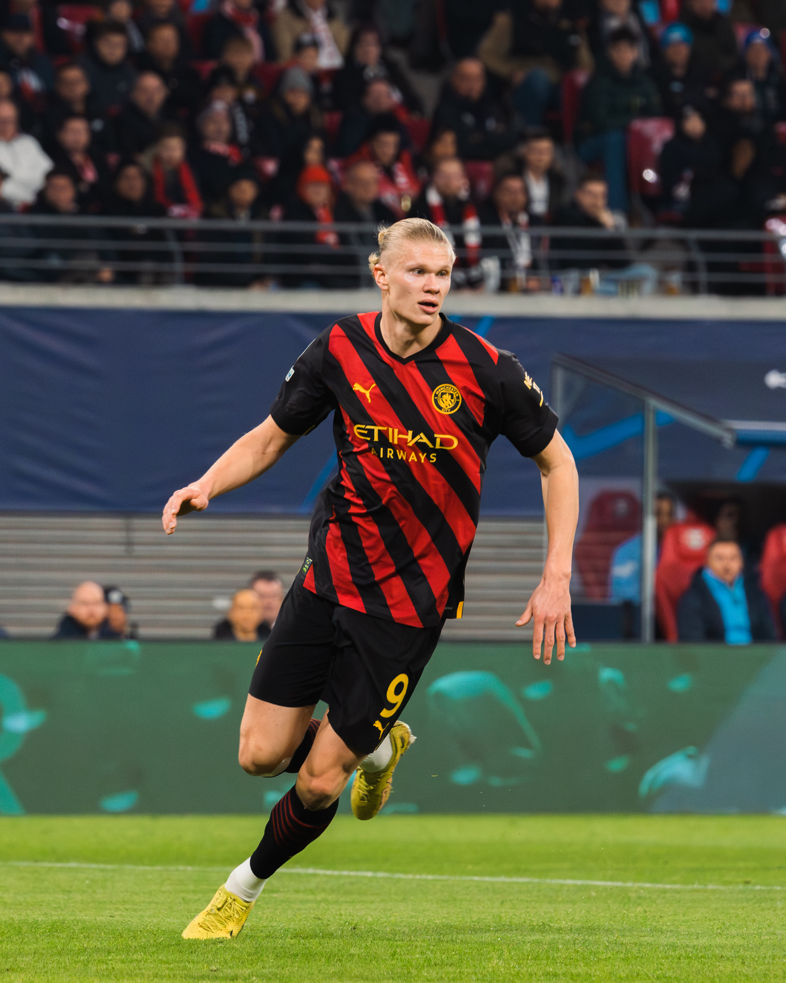 Erling Haaland in a Manchester City kit during a match