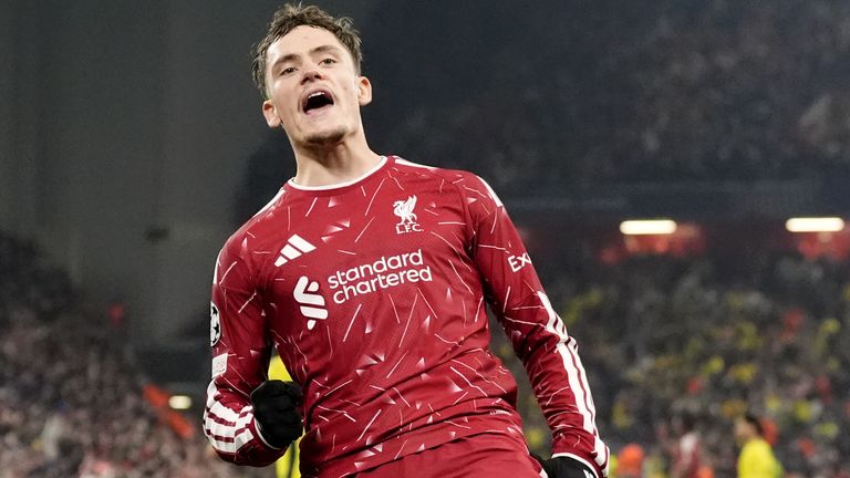 Florian Wirtz celebrates scoring Liverpool's fourth goal against Villarreal at Anfield