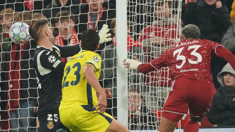 Ronald Araujo celebrates heading Liverpool level against Villarreal from Rio Ngumoha's cross