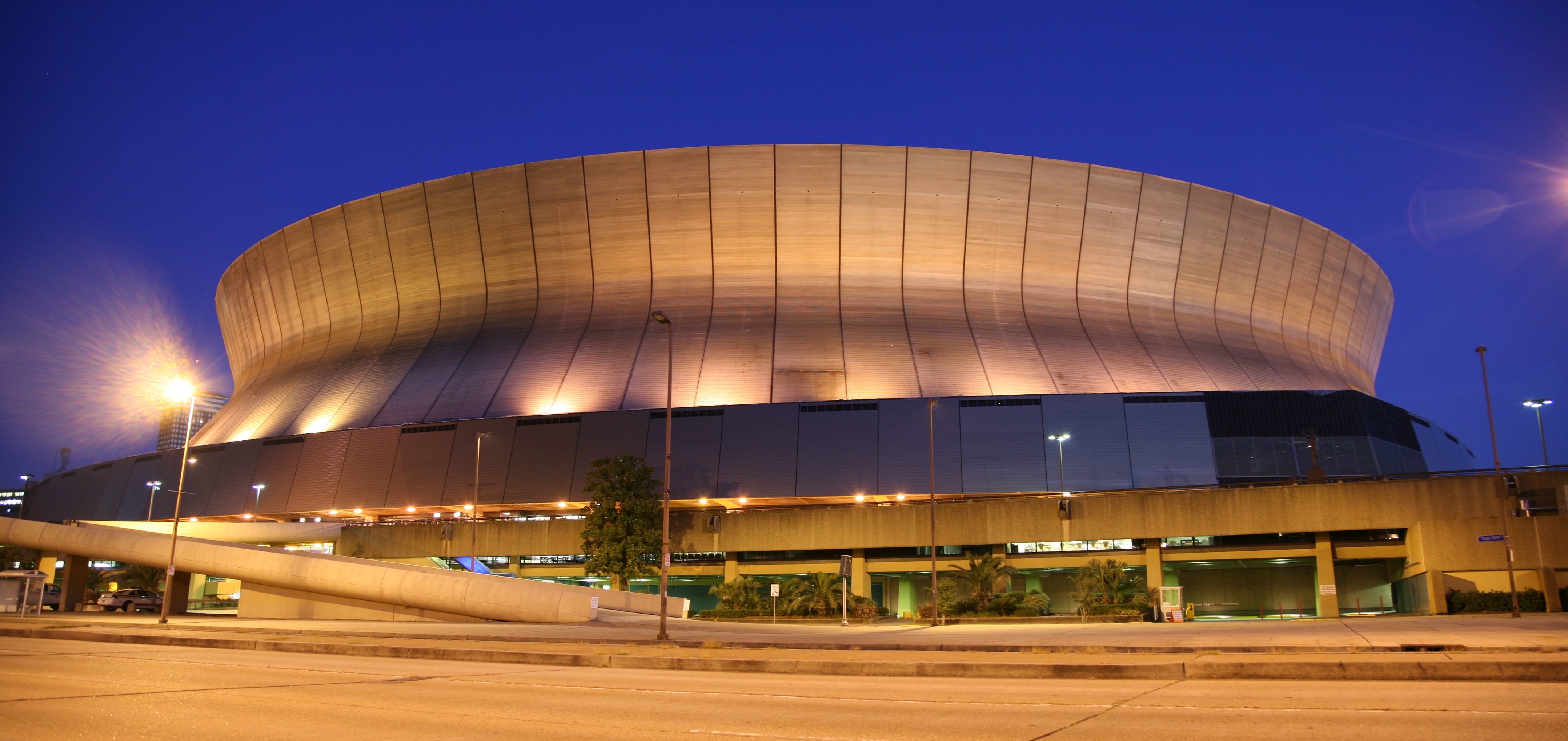 The Caesars Superdome in New Orleans at night, home of the Saints
