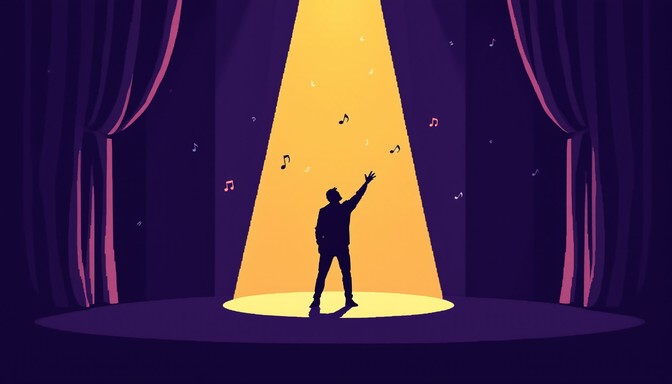 A singer performing under a concert spotlight